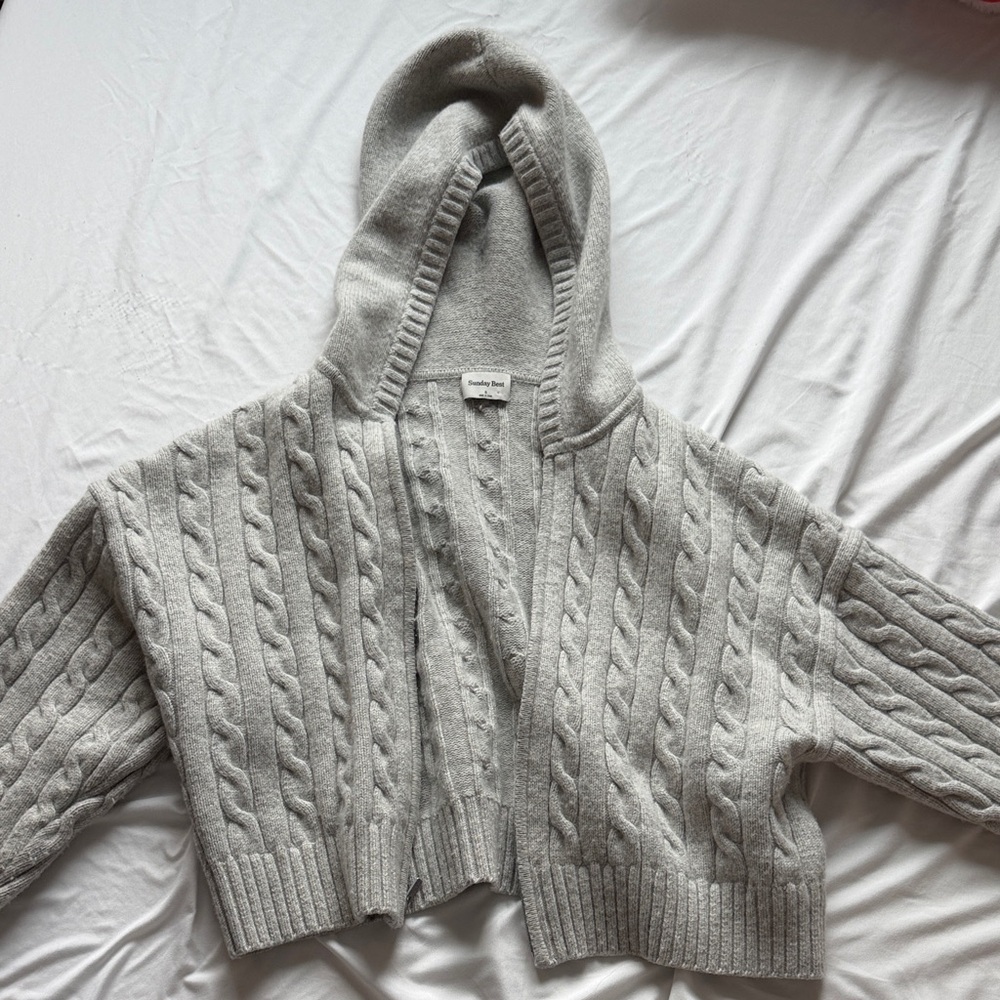 Aritzia Heather Gray Cable Knit Hooded Cardigan